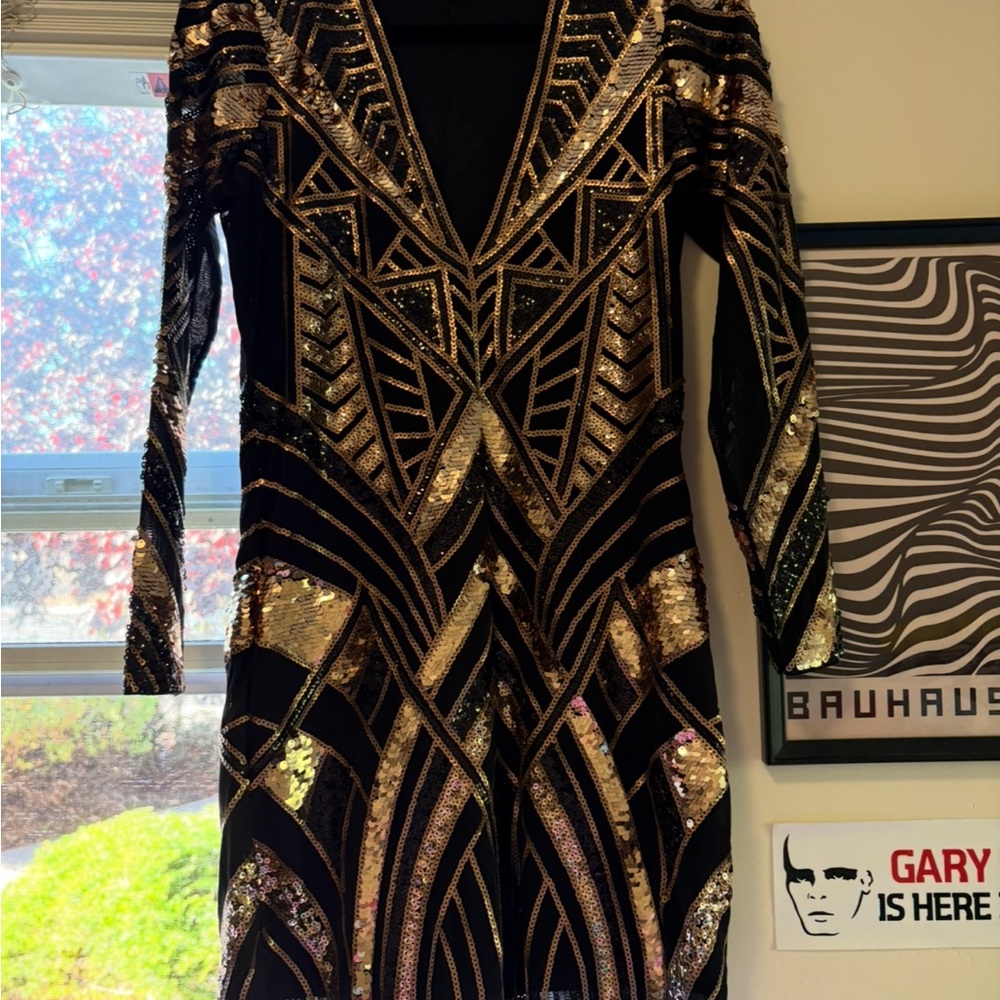 Express Black and Gold Geometric Sequin Dress